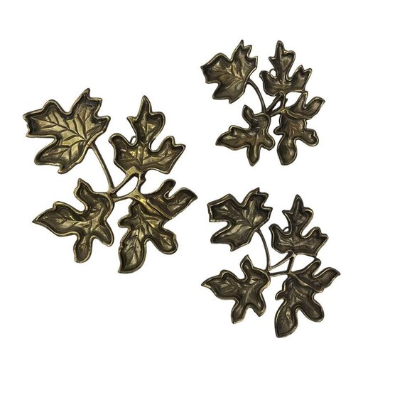 Solid Brass Maple Leaf Wall Decor Set Of 3 Made In India MCM Wall Hanging Decor - Picture 1 of 11
